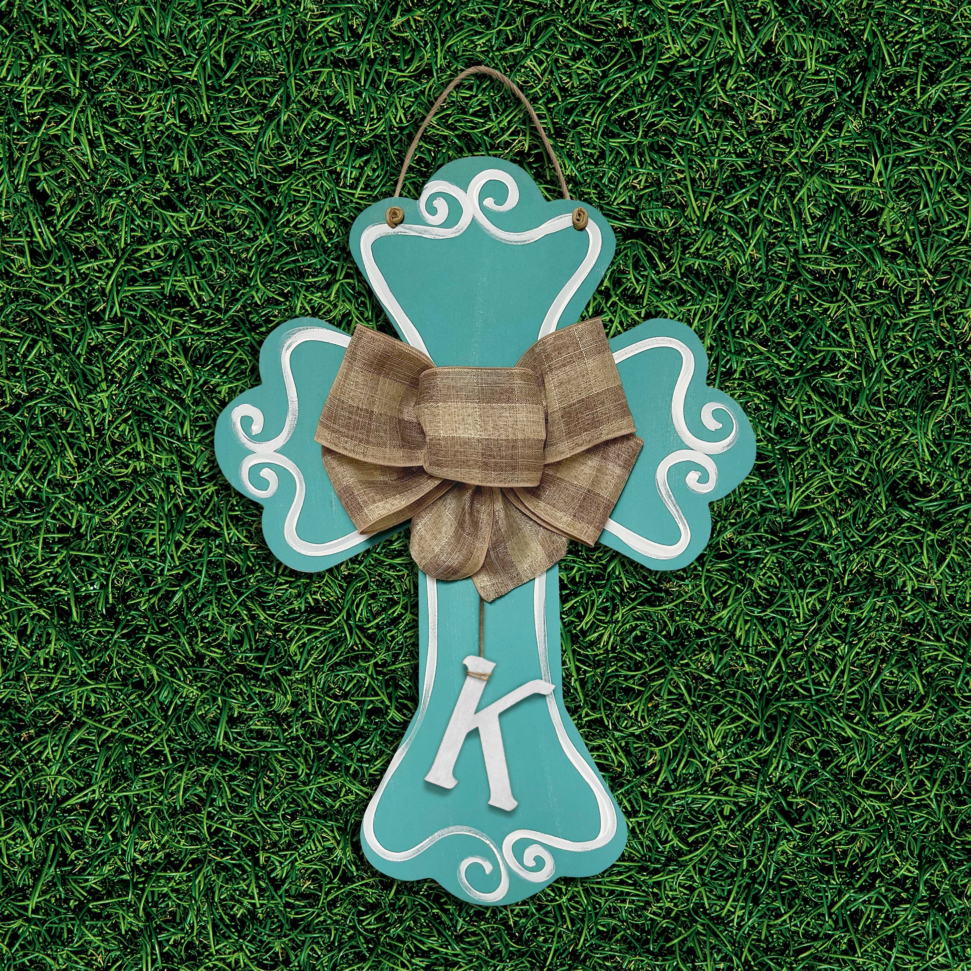 Cross - scalloped, teal with loop