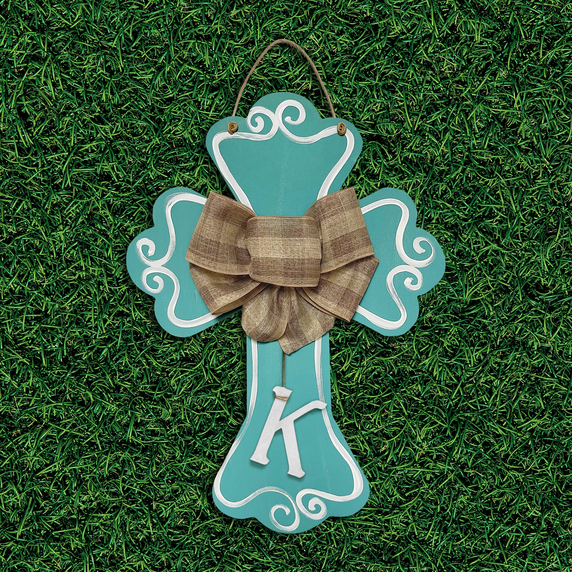 Cross - scalloped, teal with loop