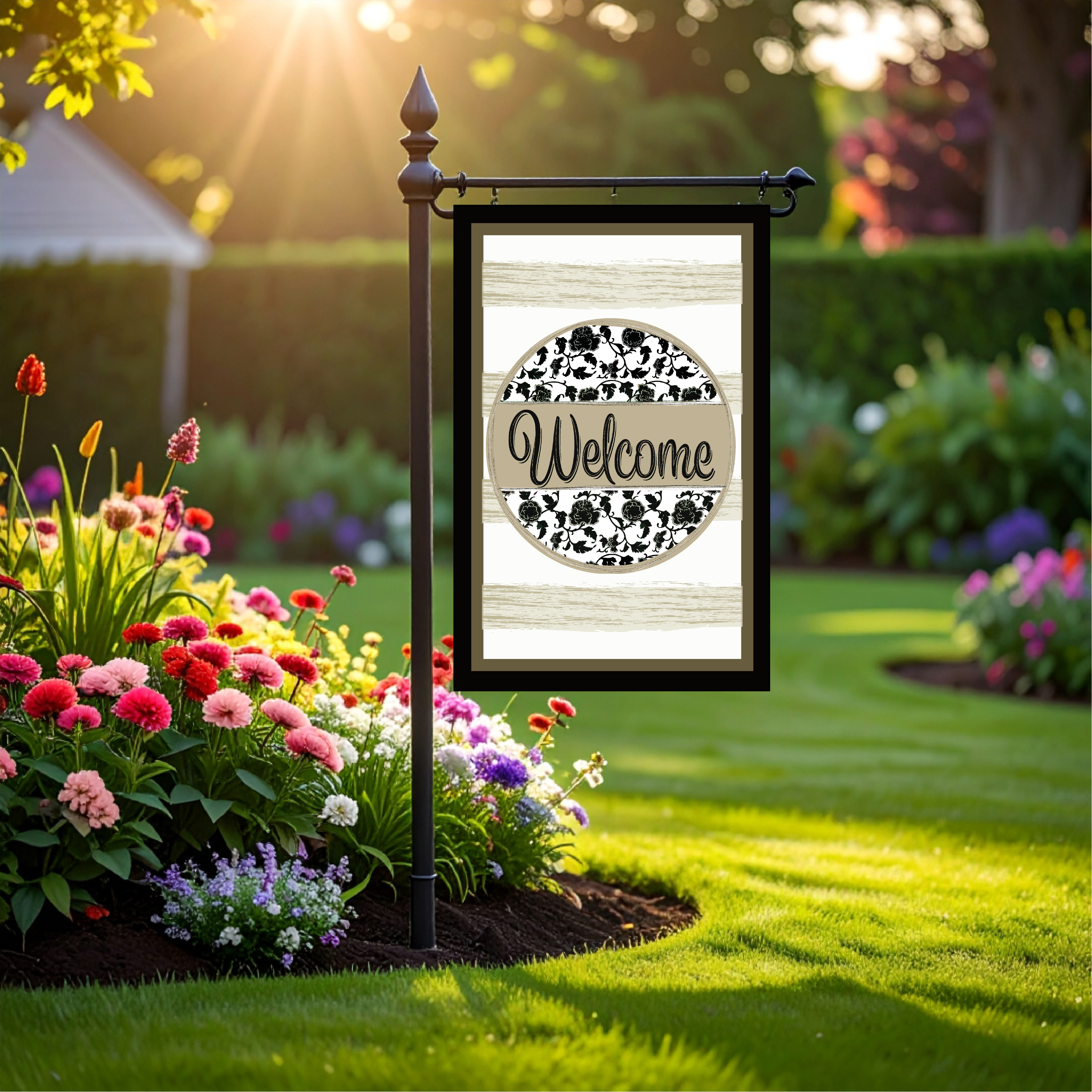 Garden Flag Chinoiserie Welcome Black