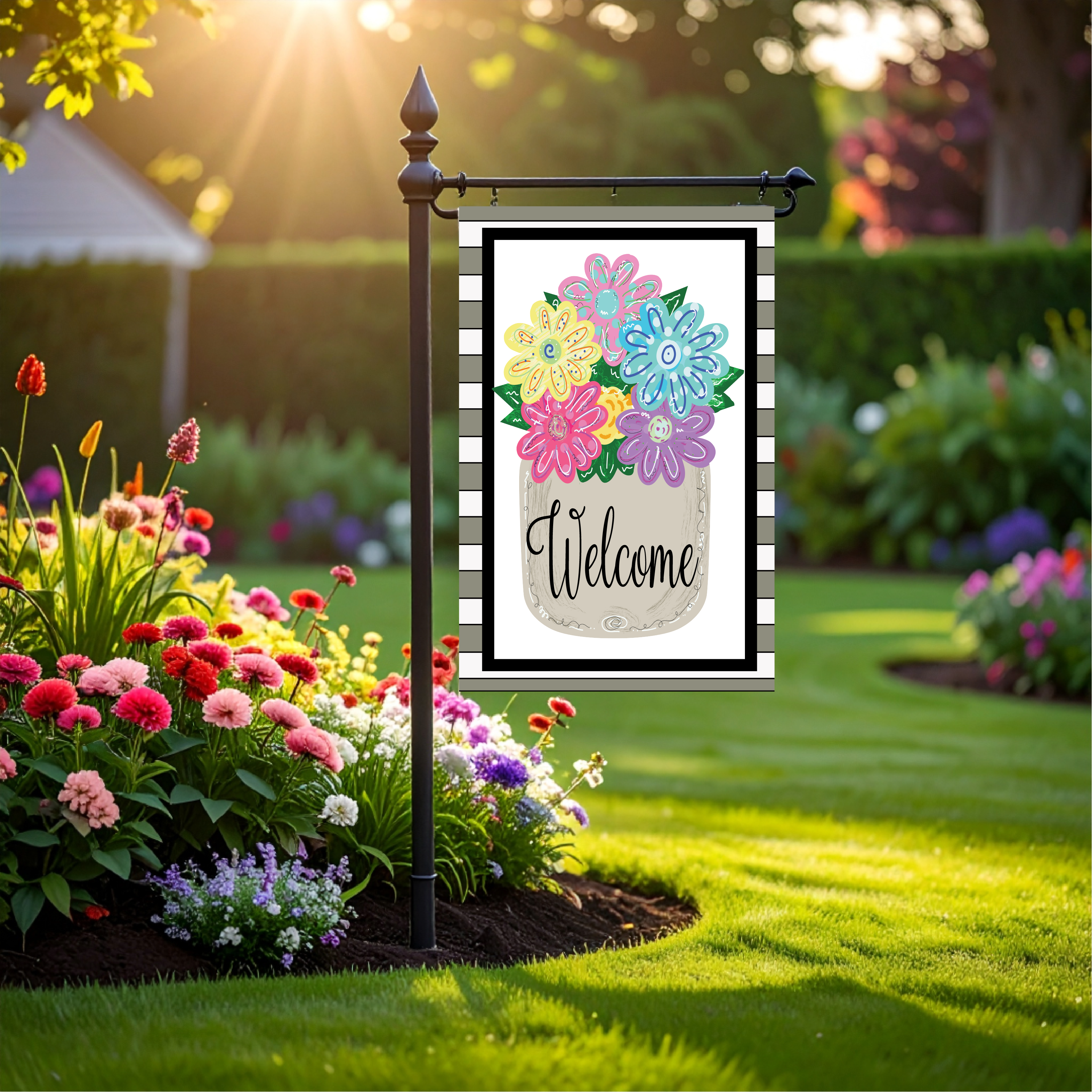 Garden Flag Mason Jar Flowers Tan