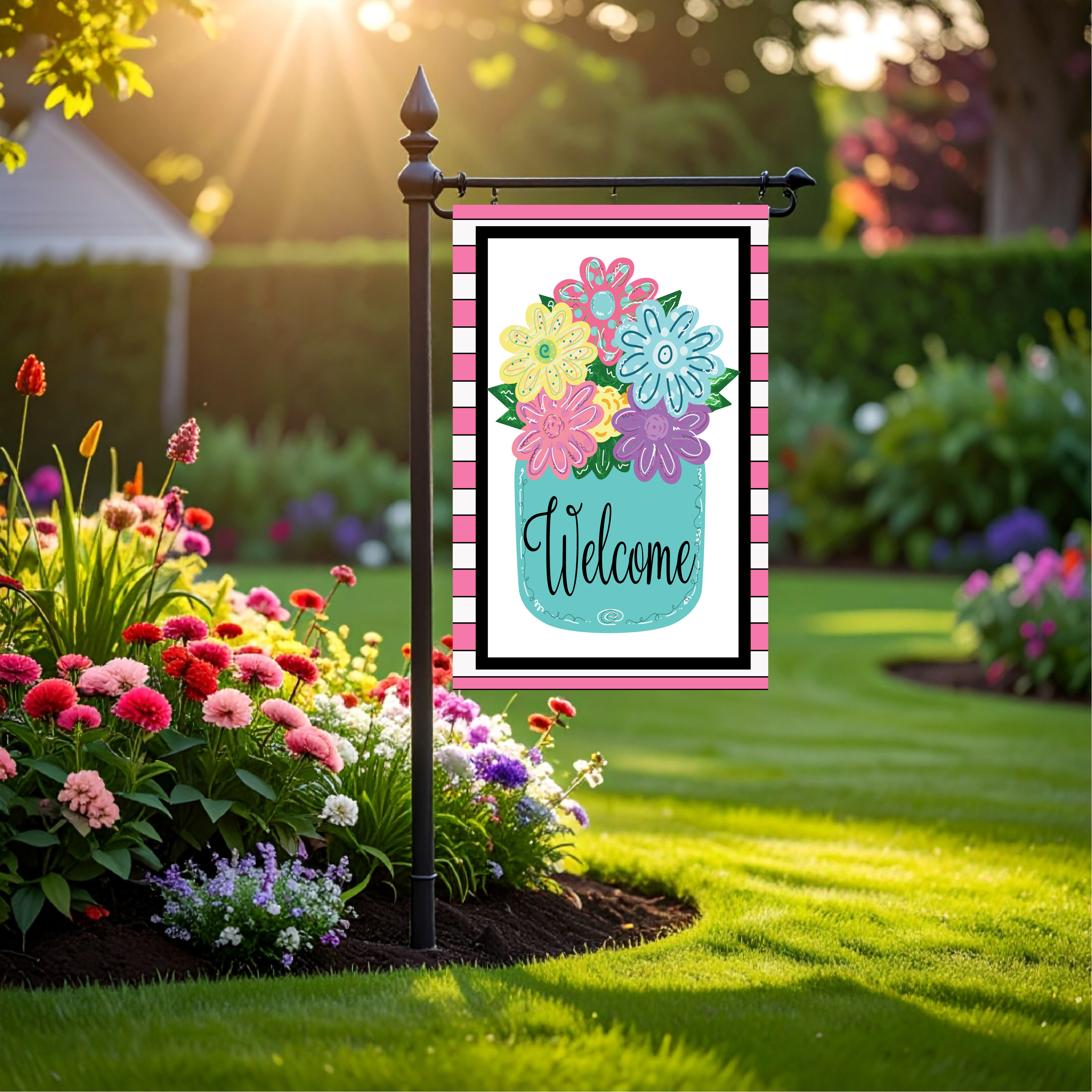 Garden Flag Mason Jar Flowers Teal