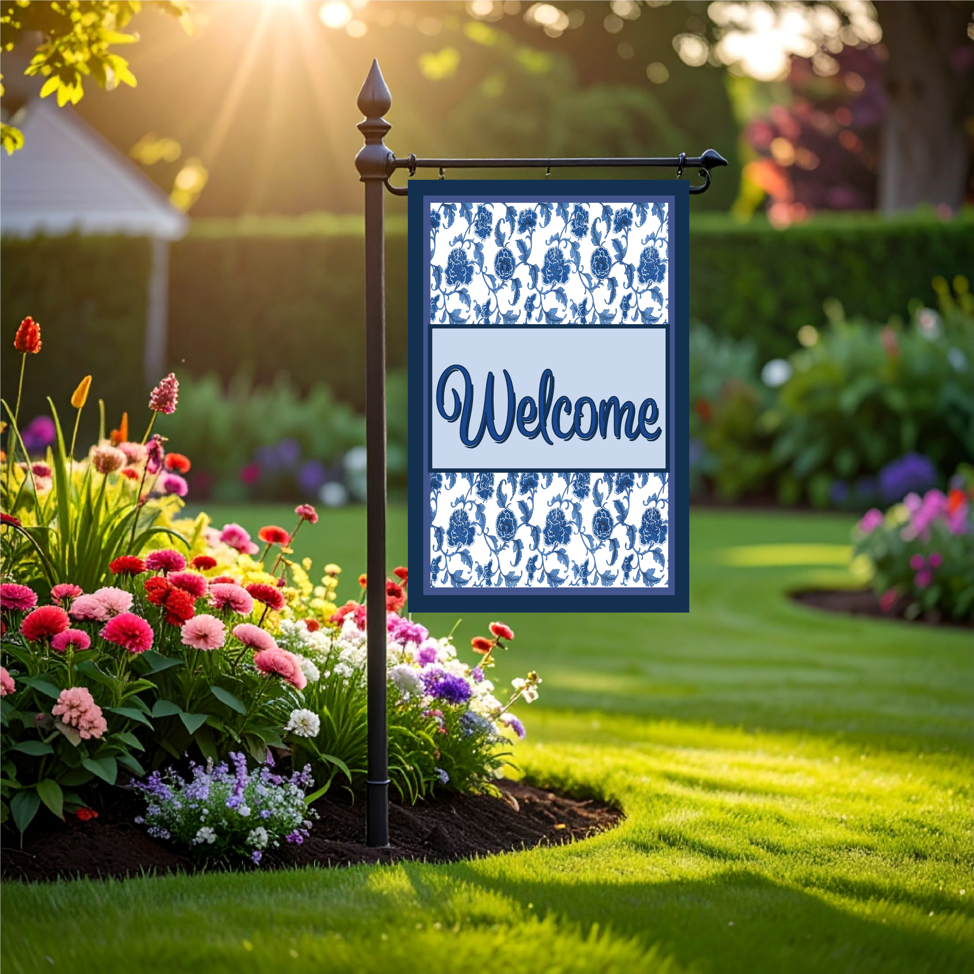 Garden Flag Welcome Blue Chinoiserie
