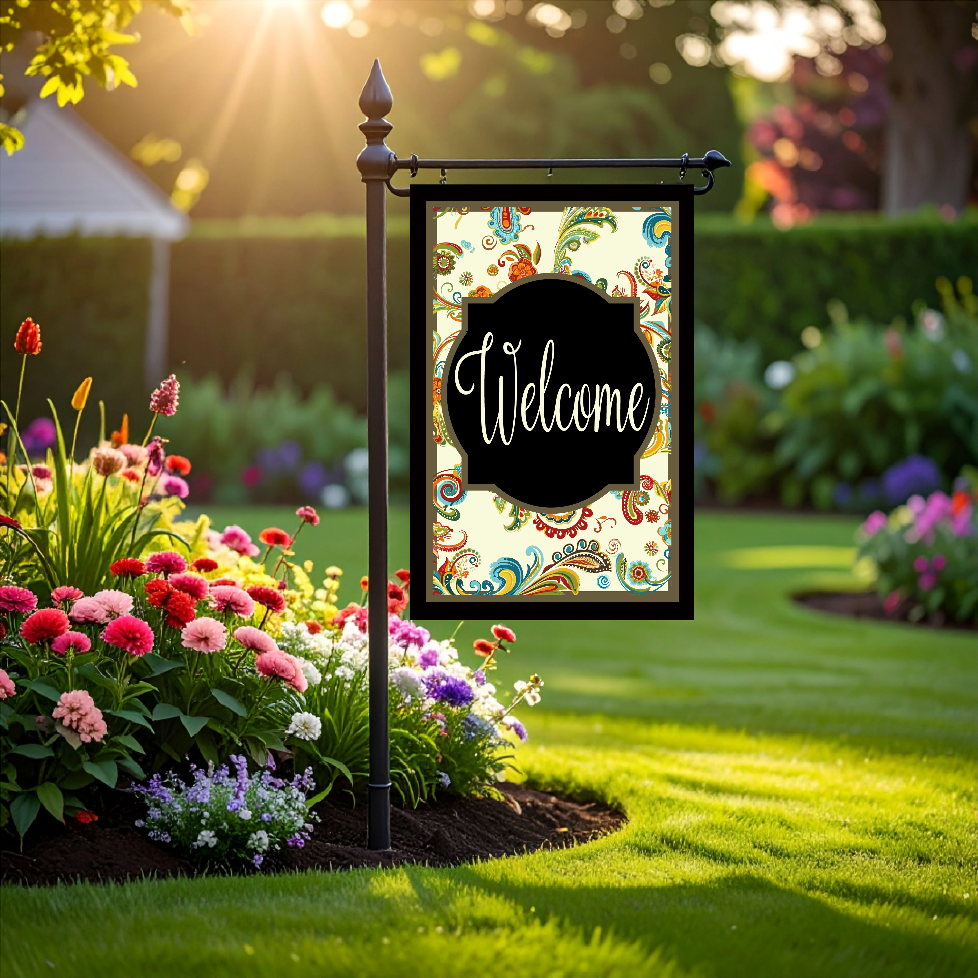 Garden Flag Welcome Paisley Black