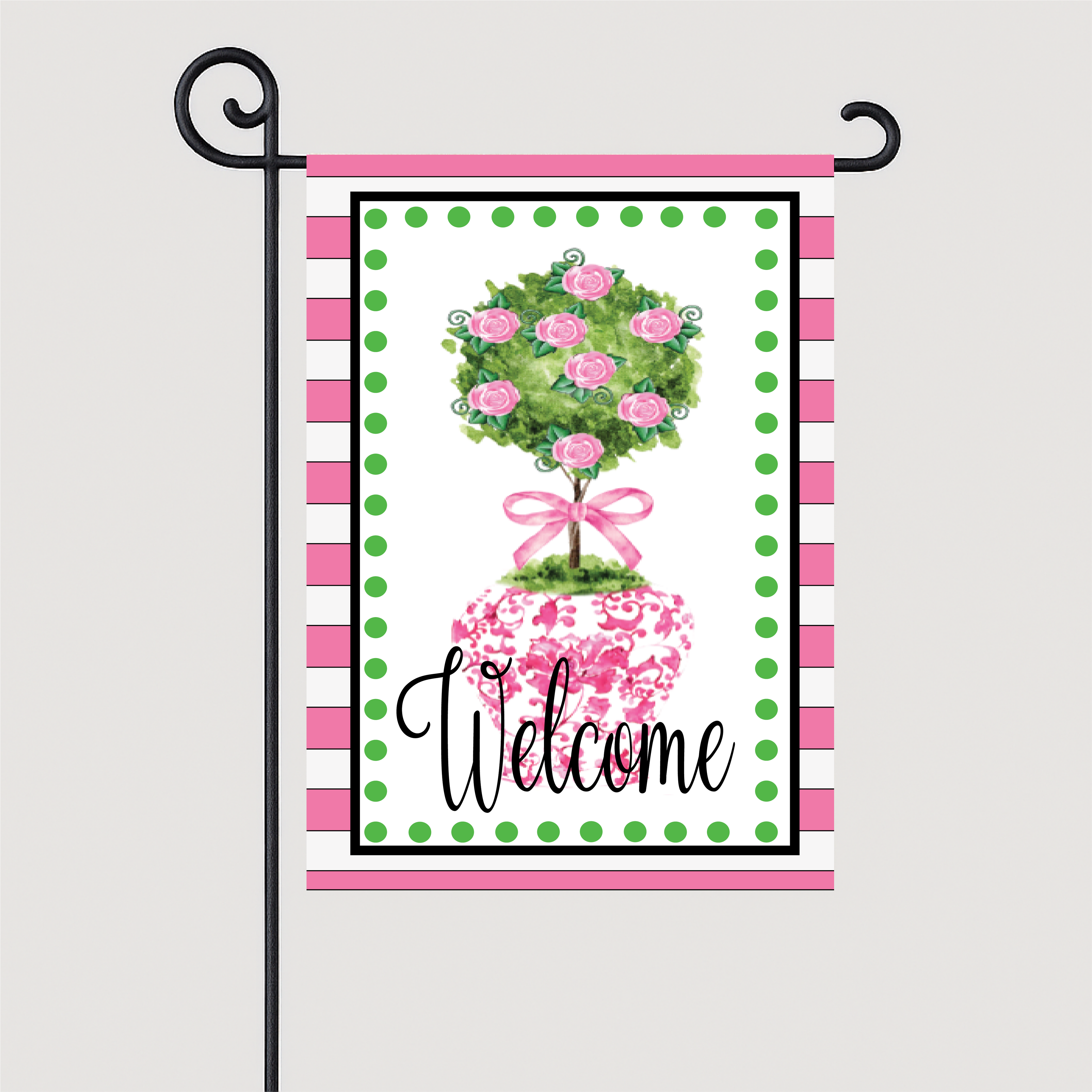 Garden Flag Welcome Pink Topiary Chinoiserie