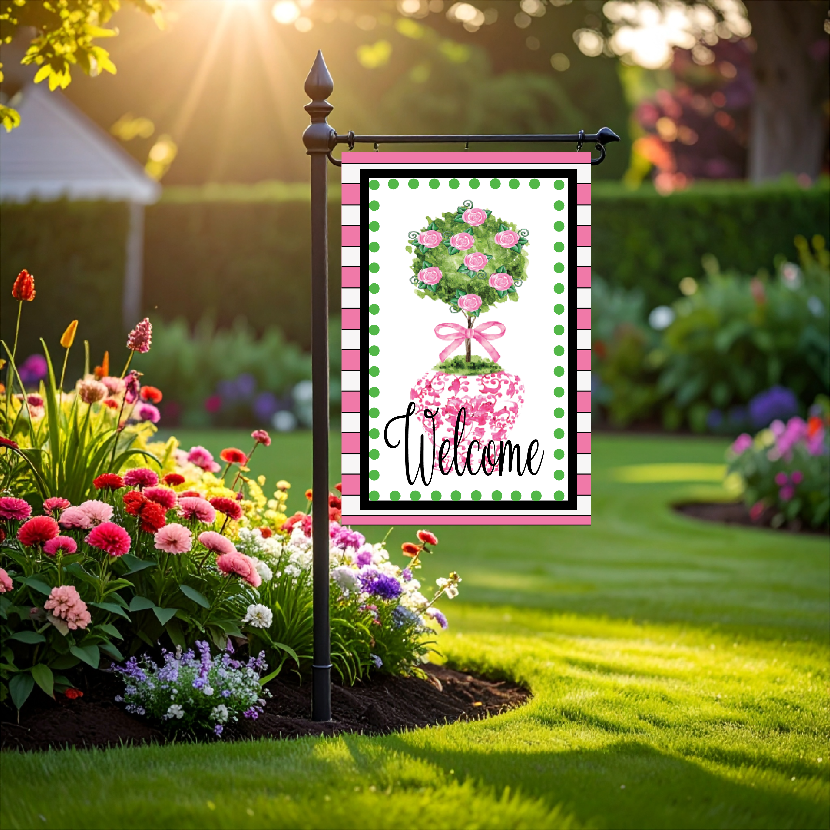 Garden Flag Welcome Pink Topiary Chinoiserie
