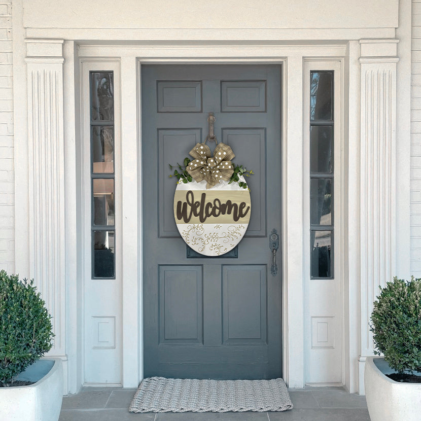 Welcome Oval Tan & White